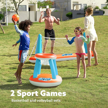 JOYIN Inflatable Pool Float Set Volleyball Net & Basketball Hoops, Floating Swimming Game Toy for Kids and Adults, Summer Floaties, Volleyball Court (105”x28”x38”)|Basketball (27.6”x23”),L-Orange
