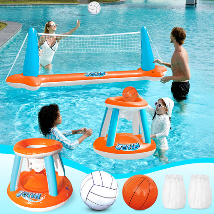 JOYIN Inflatable Pool Float Set Volleyball Net & Basketball Hoops, Floating Swimming Game Toy for Kids and Adults, Summer Floaties, Volleyball Court (105”x28”x38”)|Basketball (27.6”x23”),L-Orange