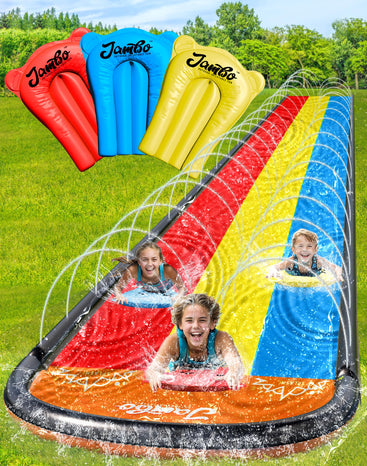 JAMBO Premium 16Ft Slip Splash and Slide and 3 Bodyboards Updated Model, Heavy Duty Water Slide - 3-Way Sprinkler System, Splash Mat Pad, Backyard Outdoor Water Toys n Slides for Kids
