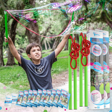 WOWmazing Giant Bubble Wands Kit: (4-Piece Set) | Incl. Wand, Big Bubble Concentrate and Tips & Trick Booklet | Outdoor Toy for Kids, Boys, Girls | Bubbles Made in The USA