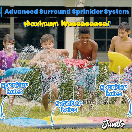 JAMBO Premium 16Ft Slip Splash and Slide and 3 Bodyboards Updated Model, Heavy Duty Water Slide - 3-Way Sprinkler System, Splash Mat Pad, Backyard Outdoor Water Toys n Slides for Kids