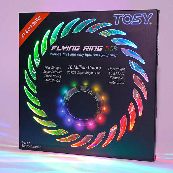 TOSY Flying Ring - 16 Million Color RGB LEDs or 12 LEDs, Super Bright, Lost Mode, Auto Light Up, Camping Essentials for Kids/Teens/Boy/Girl, Safe & Soft, Waterproof, Pool/Beach Games, Lightweight Toy