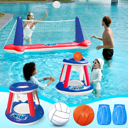JOYIN Inflatable Pool Float Set Volleyball Net & Basketball Hoops, Floating Swimming Game Toy for Kids and Adults, Summer Floaties, Volleyball Court (105”x28”x38”)|Basketball (27.6”x23”),L-Orange