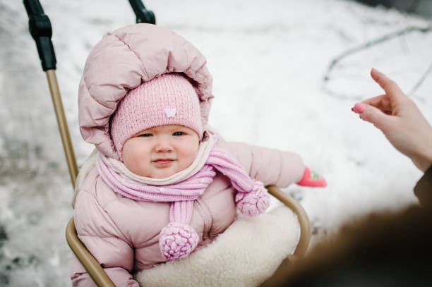 Baby wearing a thick winter jacket for cold weather.