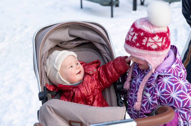 Baby dressed warmly in a winter coat outdoors.