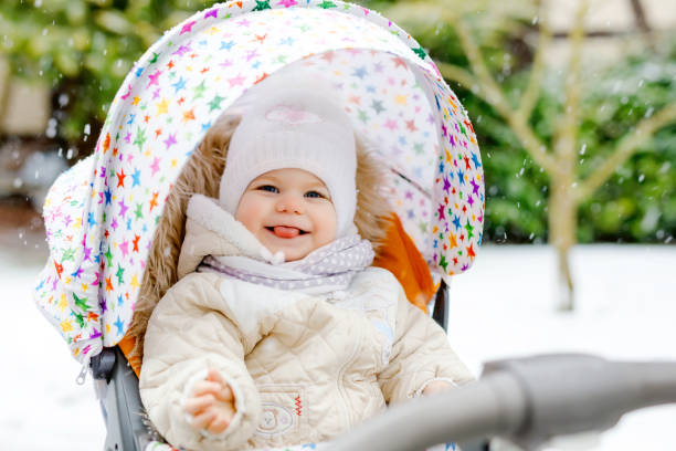 : 6-month-old baby in padded winter coat with hood outdoors in snow.