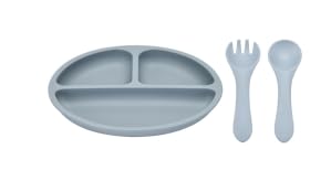 Silicone Baby Feeding Set, Includes Baby Spoons, Toddler Plates and Baby Fork, Suction Plates for Toddlers Divided Design, Microwave and Dishwasher Safe (C-2)