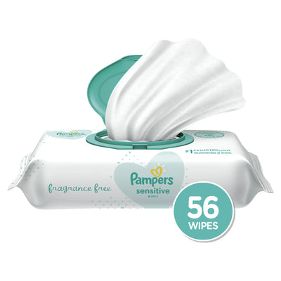 Pampers sensitive wipes packaging with 56 wipes count on a white background