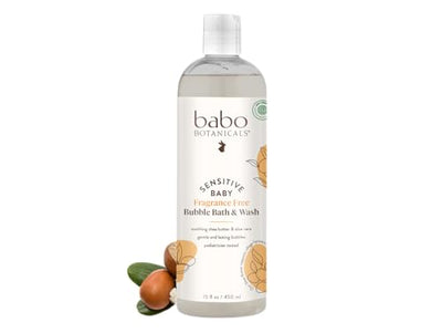 Babo Botanicals sensitive baby bubble bath and wash bottle on a white background
