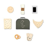 Baby Gift Set Boy or Girl - Baby Shower Basket Suitcase with Large Plush Blanket, Muslin Swaddle, Natural Teether, Wood Birth Record, Hand & Foot Print Kit, Nemo Socks, Baby Gift, Unisex Forest Green