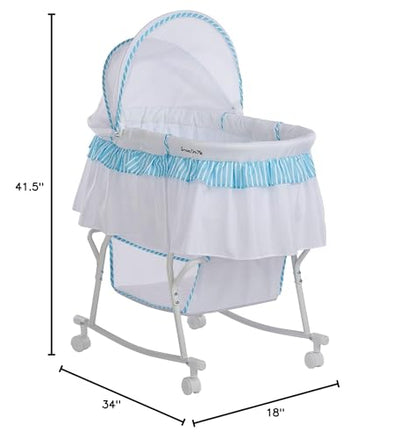 Dream On Me Lacy Portable 2-in-1 Bassinet & Cradle with Full Canopy, Storage Basket, Locking Wheels, Lightweight Frame, JPMA & BSA Certified, Includes 1” Mattress Pad -Blue and White