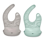 Two baby bibs, one gray and one mint green, on a white background.