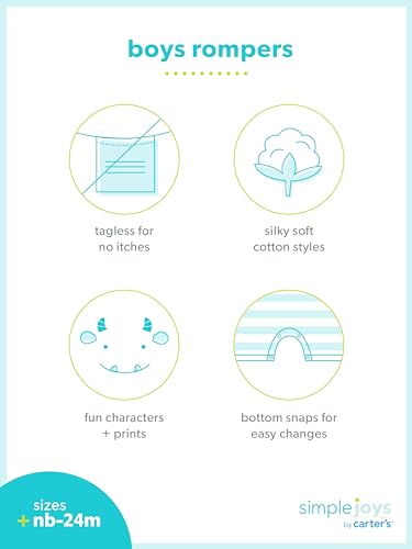 Simple Joys by Carter's Baby 3-pack Rompers, Blue Stripe/Turquoise Dino/Grey Navy, 3-6 months