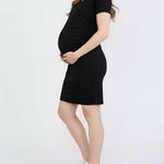 Motherhood Maternity Women's V-Neck Short Sleeve Side Ruched Bodycon Mini Pregnancy Dress, Black, Medium