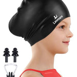 Kids Long Hair Swim Cap for Girls Boys, 3 Size Silicone Swimming Cap for Age 1-15 Toddler Children Teens, Waterproof Swim Hats Bathing Caps with Ear Plugs & Nose Clip to Keep Hair Dry(Age 3-8/Black)