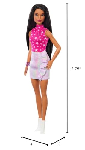 Barbie Fashionistas Doll #215 with Black Straight Hair, Pink Star-Print Top & Iridescent Skirt, 65th Anniversary Collectible Toy