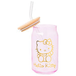 Silver Buffalo Sanrio Hello Kitty Gold 2 Pack Pink Glass Jar Tumbler with Bamboo Lid and Glass Straw, 16 Ounces