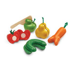 PlanToys® Wonky Fruit & Vegetables Wooden Playset Includes 5 Sliceable Fruits & Veggies | Pretend Cutting Food Toy with Wooden Knife | Montessori Toy for Toddlers