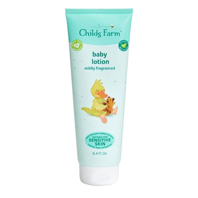 Childs Farm baby lotion tube with duck illustration on a white background