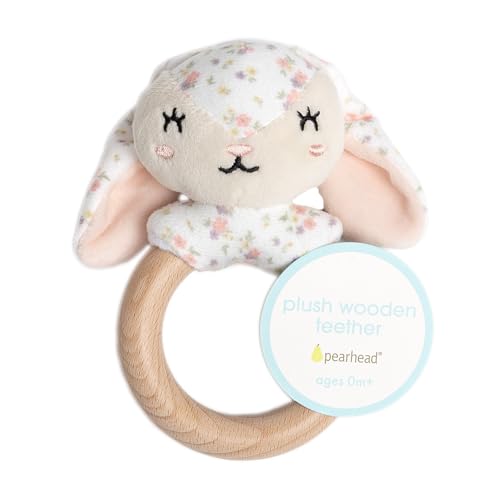 Pearhead Floral Bunny Wooden Baby Teething Ring, Natural Wood & Plush Infant Teether Rattle, BPA-Free Newborn Gum Soother, Easy-Grip Sensory Toy, 0 Months+