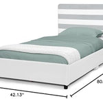 Delta Children Upholstered Twin Size Bed with Headboard, Premium Wood Slat Support, No Box Spring Needed, Easy Assembly, Grey/White Stripe