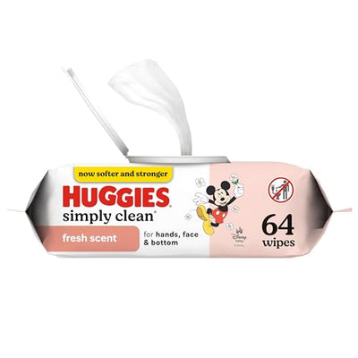 Huggies Simply Clean wipes packaging with a cartoon character on a white background