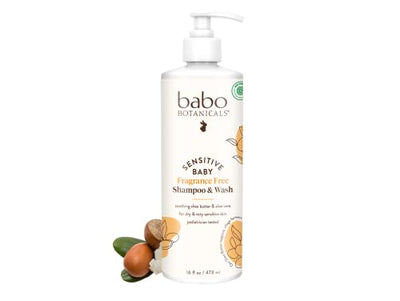 Babo Botanicals sensitive baby shampoo & wash bottle on a white background