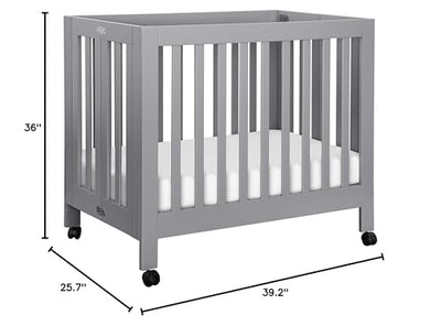 Babyletto Origami Mini Portable Folding Crib with Wheels in Grey, 2 Adjustable Mattress Positions, Greenguard Gold Certified