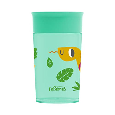 Dr. Brown's Milestones Cheers 360 Spoutless Transition Cup, Travel Friendly and Leak Free Sippy for Babies and Toddlers, Blue/Green Animals, BPA-Free, 10 oz/300 mL, 9m+, 2-Pack