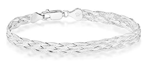 Miabella 925 Sterling Silver Italian 6-Strand Diamond-Cut 7mm Braided Herringbone Chain Bracelet for Women, 925 Italy