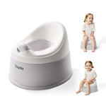 Gray potty chair with two children sitting on it on a white background