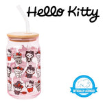 Silver Buffalo Sanrio Hello Kitty and Friends Halloween Spooky Costumes Ghost Witch Vampire Zombie Frankenstein Skeleton Pink Glass Jar Tumbler with Bamboo Lid and Glass Straw, 16 Ounces