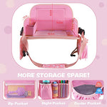 MENZOKE Kids Travel Tray for Toddler Car Seat, Lap Tray for Girl Activities with Dry Erase Board & Cooler Cup Holder, Road Trip Essentials Accessories with No-Drop Large Tablet iPad Holder Stand,Pink