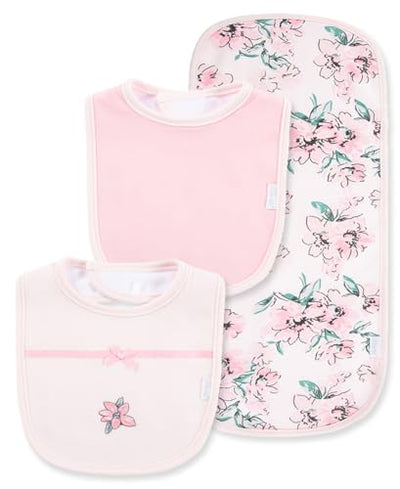Set of three baby bibs with floral patterns on a white background
