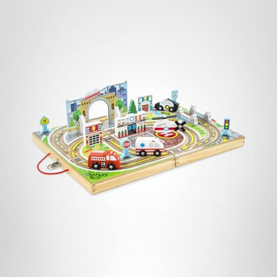 Melissa & Doug 18-Piece Wooden Take-Along Tabletop Town, 4 Rescue Vehicles, Play Pieces, Bridge
