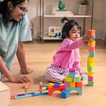 LOVEVERY | The Block Set | Solid Wood Building Blocks and Shapes + Wooden Storage Box, 70 Pieces, 18 Colors, 20+ Activities, Toddler Block Set and Converts into a Pull Car, Ages 12 to 48+ months