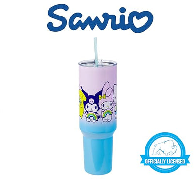 Silver Buffalo Sanrio Hello Kitty and Friends Featuring My Melody, Kuromi, and Pompompurin Rainbow Ombre Stainless Steel Tumbler with Handle and Straw, Fits in Standard Cup Holder, 40 Ounces