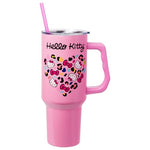 Silver Buffalo Sanrio Hello Kitty Leopard Jungle Cat Print and Bows Heart Stainless Steel Tumbler with Handle and Straw, Fits in Standard Cup Holder, 40 Ounces