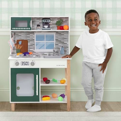 Delta Children Tiny Chef Play Kitchen - Toy Kitchen Playset with Realistic Knobs that Turn/Click, Oven, Sink, Microwave and 15 Pieces of Play Food, Green