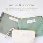 Pearhead Baby Diaper Bag Organizing Pouch Set – Feed Me, Change Me, Dress Me – Zip Pouches Made from Recycled Cotton, Gender Neutral Diaper Bag Accessories and Baby Essentials Organizer - Set of 3