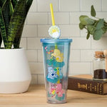 Silver Buffalo Care Bears Featuring Funshine Bear, Grumpy Bear, and Love-a-Lot Bear Glitter Plastic Cold Cup with Lid and Straw Topper, 24 Ounces