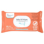 Pack of baby oil wipes with branding on a white background