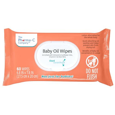 Pack of baby oil wipes with branding on a white background