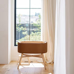 babyletto x GATHRE Capsule Bassinet in Vegan Camel Leather, Wipeable & Water Resistant