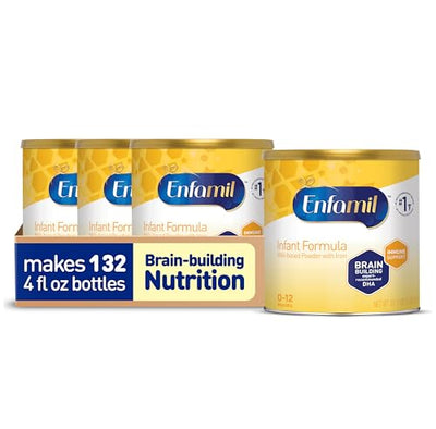Enfamil infant formula cans on a white background