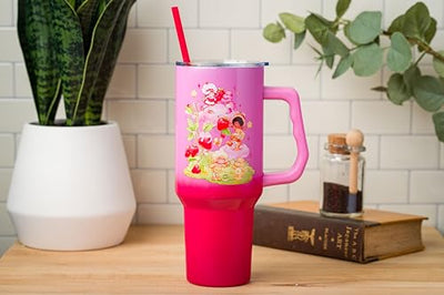 Silver Buffalo Care Bears and Strawberry Shortcake Collaboration Stainless Steel Tumbler with Handle and Straw, Fits in Standard Cup Holder, 40 Ounces