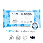 Pura Flushable Toddler Wipes 1 x 60 Wipes, 100% Plastic Free, 99% Water, Hypoallergenic & Fragrance Free, Totally Chlorine Free, Kids Toilet Wipes, Sensitive Skin