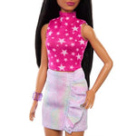 Barbie Fashionistas Doll #215 with Black Straight Hair, Pink Star-Print Top & Iridescent Skirt, 65th Anniversary Collectible Toy