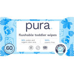 Pack of pura flushable toddler wipes with blue and white design on a white background