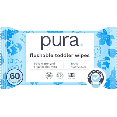 Pack of pura flushable toddler wipes with blue and white design on a white background